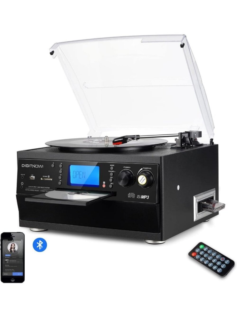 9-in-1 Vintage Record Player with Bluetooth, 3-Speed Turntable & Stereo Speakers